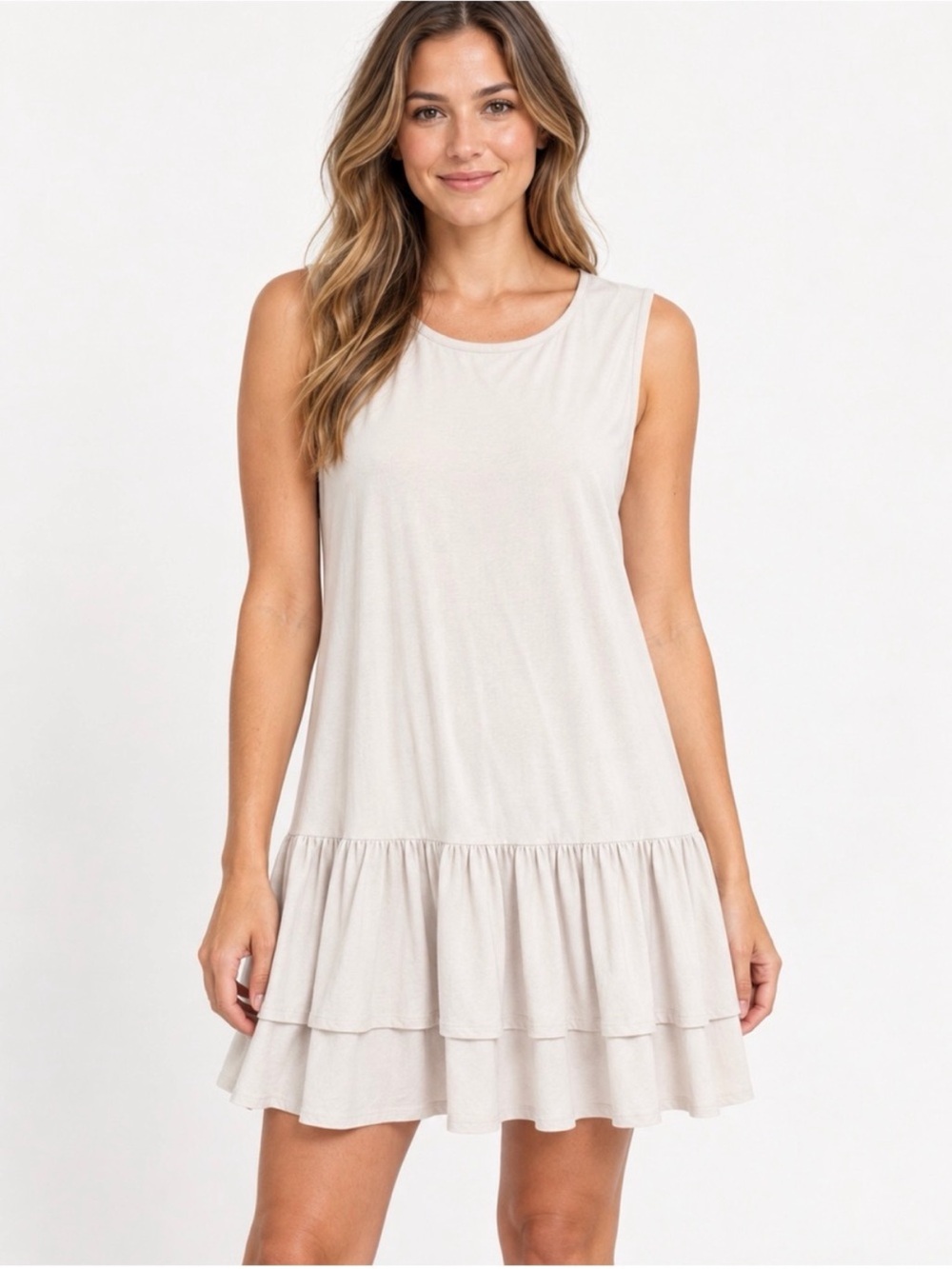 Camila Coelho Sleeveless Tiered Ruffle Mini Dress in Light Cream